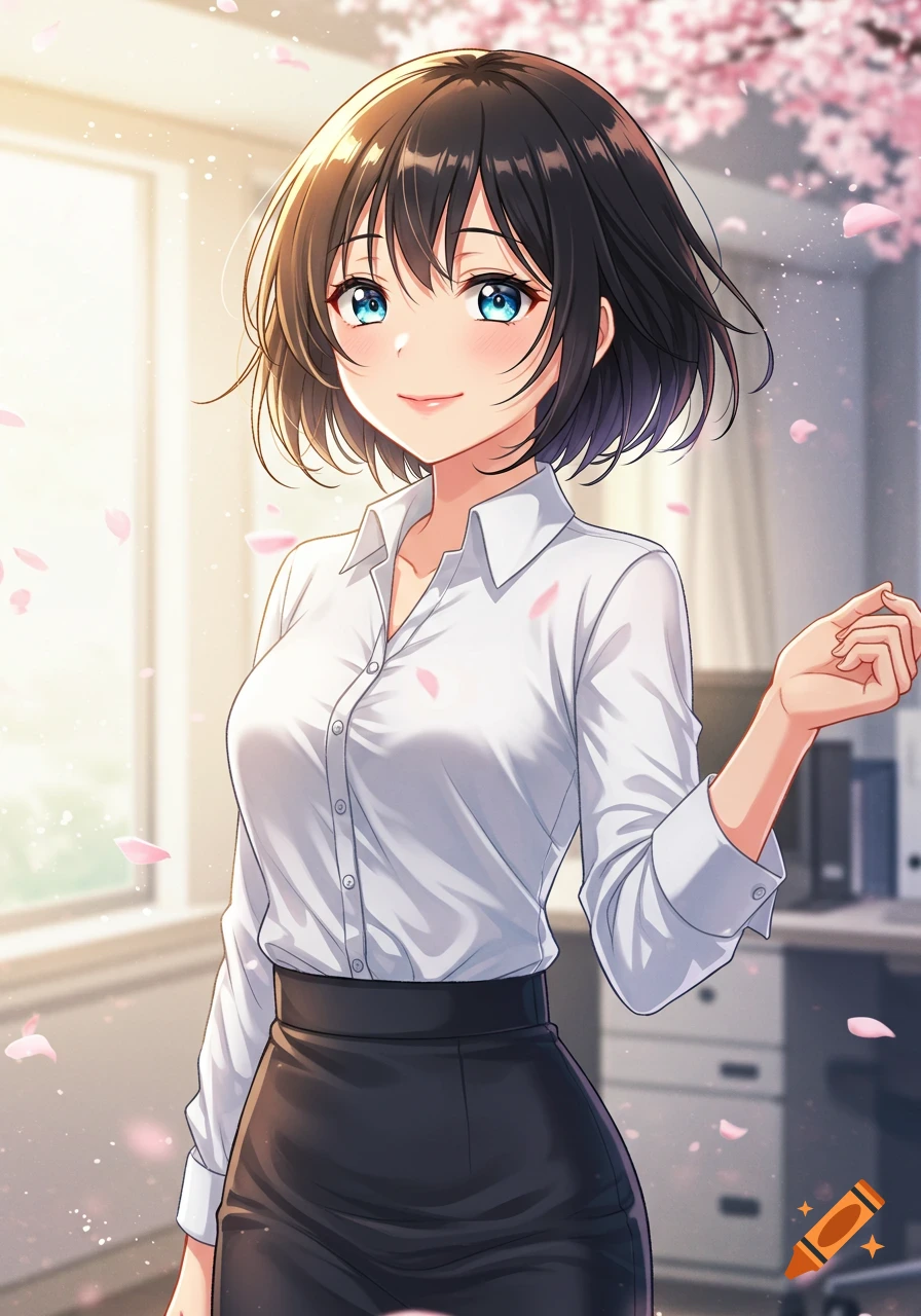 Anime illustration of a smiling female office worker with short dark hair and blue eyes, in a white shirt and black skirt, with falling cherry blossoms in a sunny office.