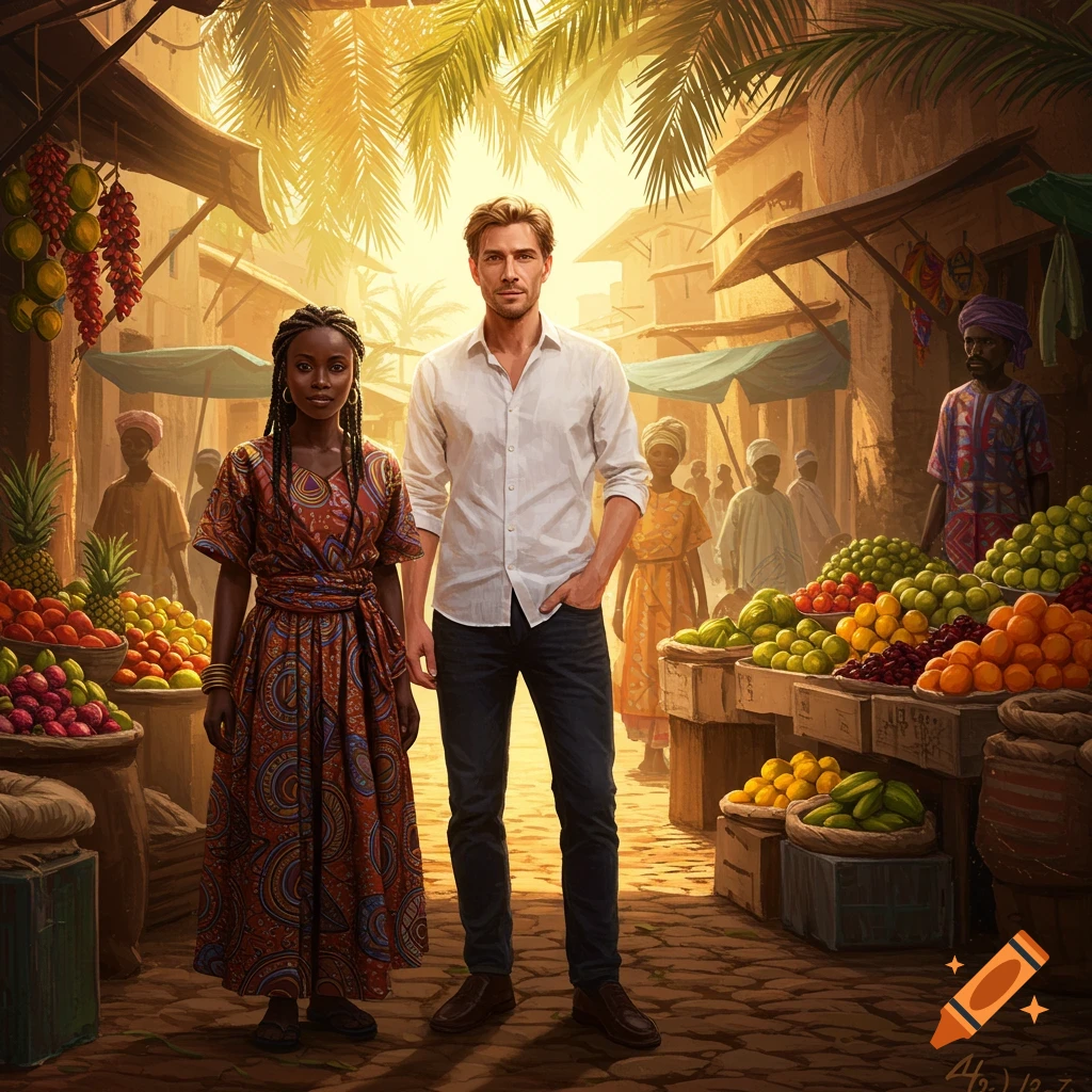 A white man and an African woman stand in a bustling outdoor market filled with fruit stalls and people under palm trees.