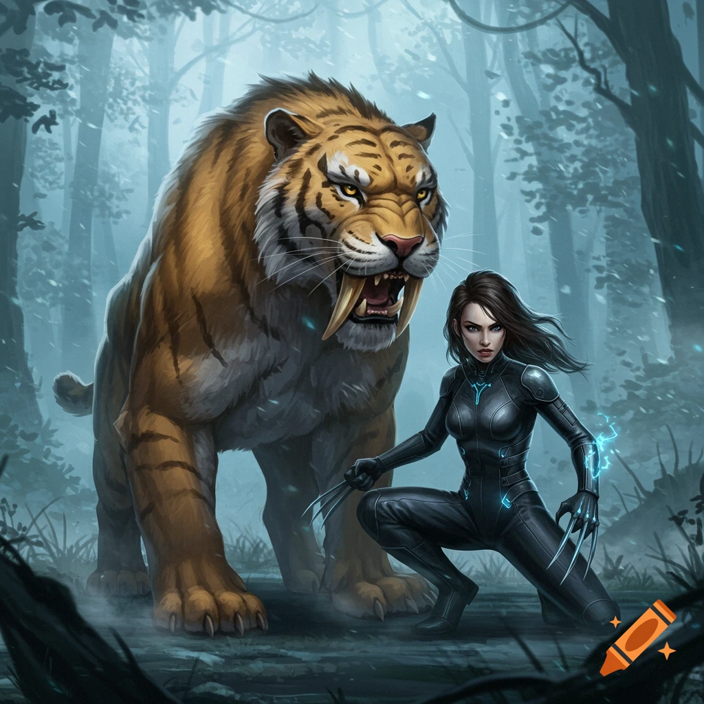 A fierce superheroine with claws and glowing blue energy crouches beside a massive saber-toothed tiger in a misty forest, fantasy art style.
