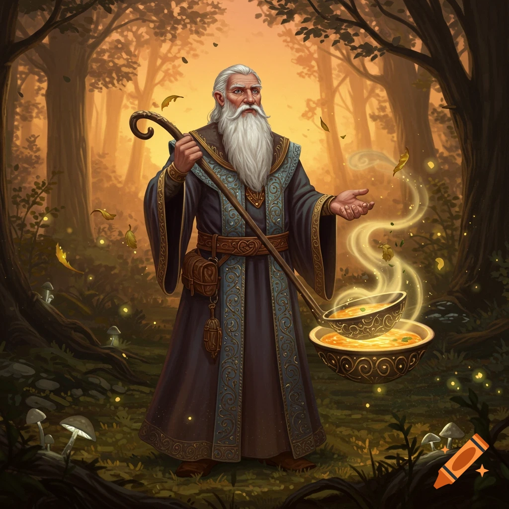 A white-bearded wizard in a forest holds a staff and conjures steaming soup from a large ladle with glowing magic.