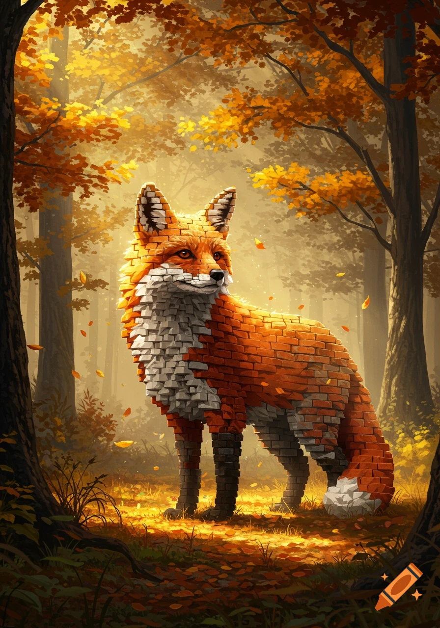 A fox made of orange and white bricks stands in an autumn forest with falling leaves and golden light.