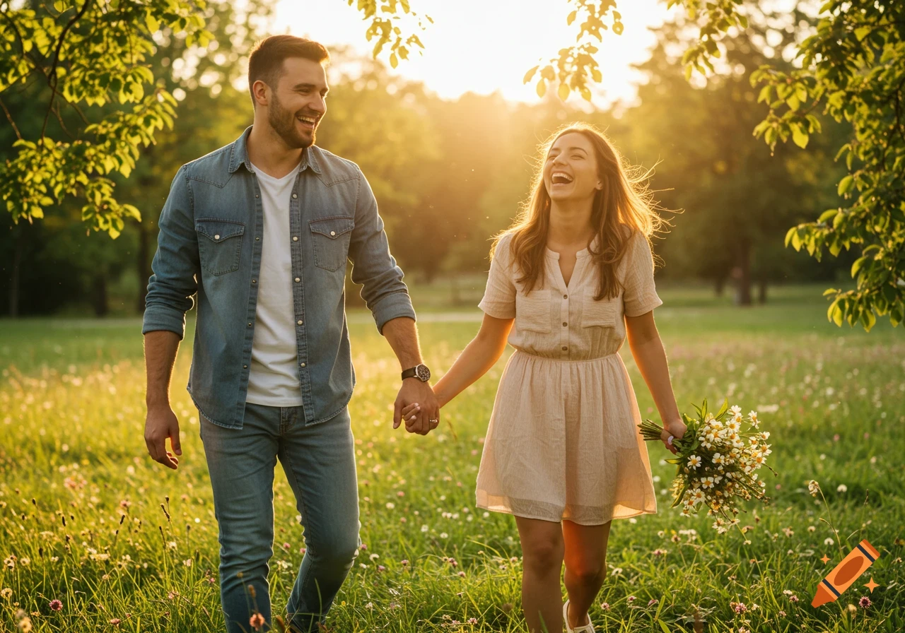 A happy couple walks hand-in-hand through a sunlit grassy field, laughing joyfully. The woman holds a bouquet of wildflowers.