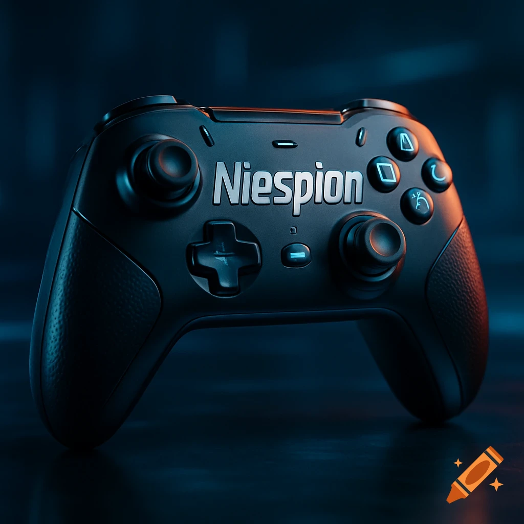 Close-up, stylized photo of a black video game controller with 'Niespion' text, accented by blue and orange lighting.