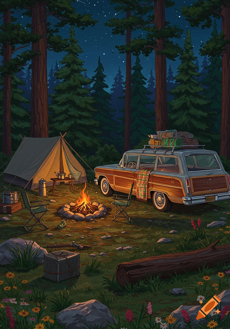 Illustrated night forest campsite with a lit campfire, a vintage woody station wagon, and a tent under a starry sky.