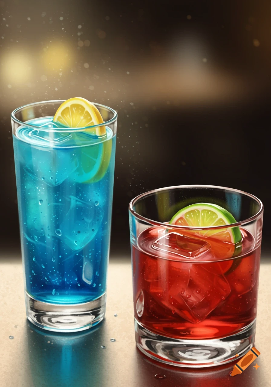 Two realistic cocktails, one tall blue with a lemon slice, one short red with a lime slice, on a counter with water droplets.
