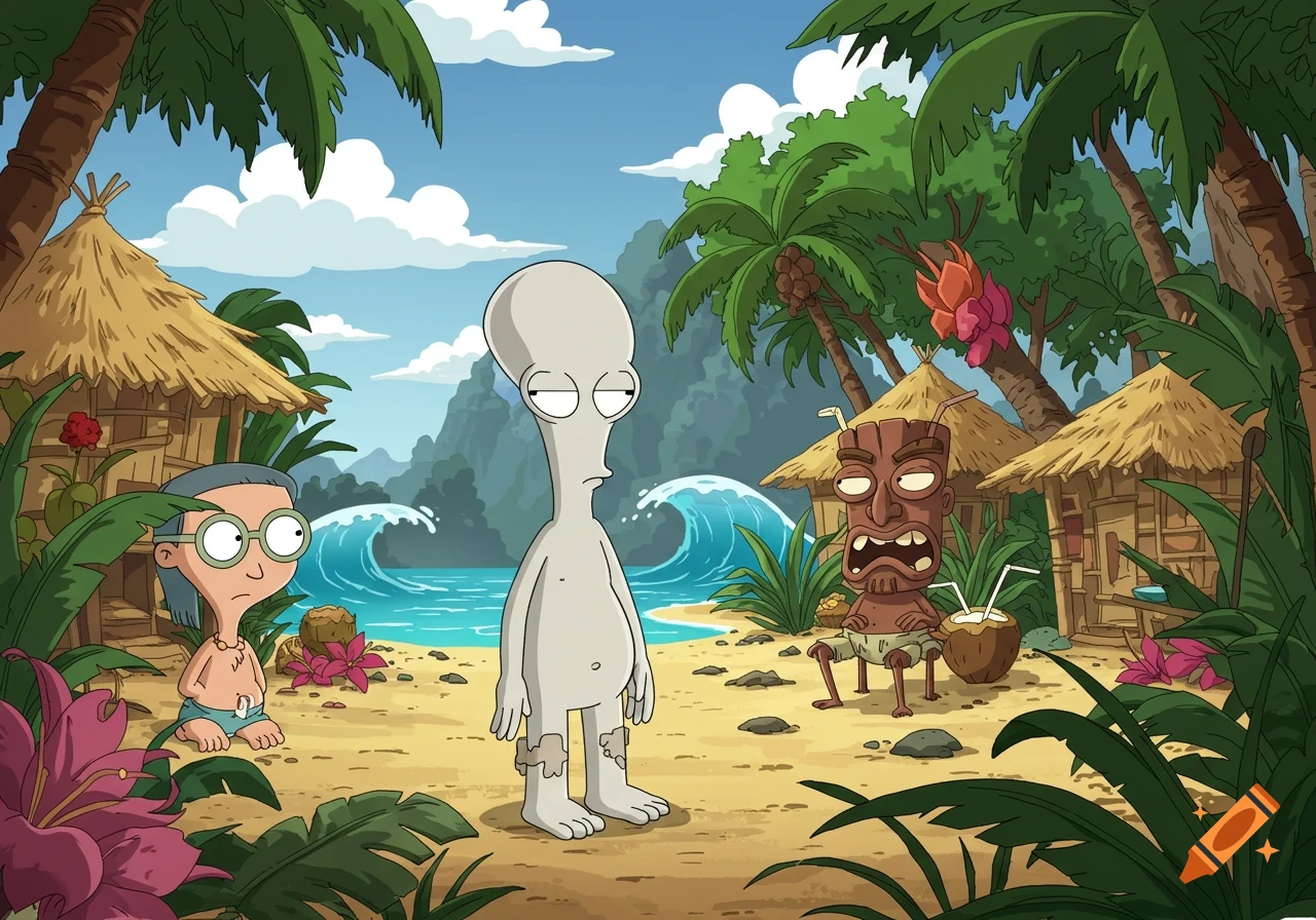Roger from American Dad stands on a tropical beach next to a boy with glasses and a tiki figure, with huts and palm trees in the background.