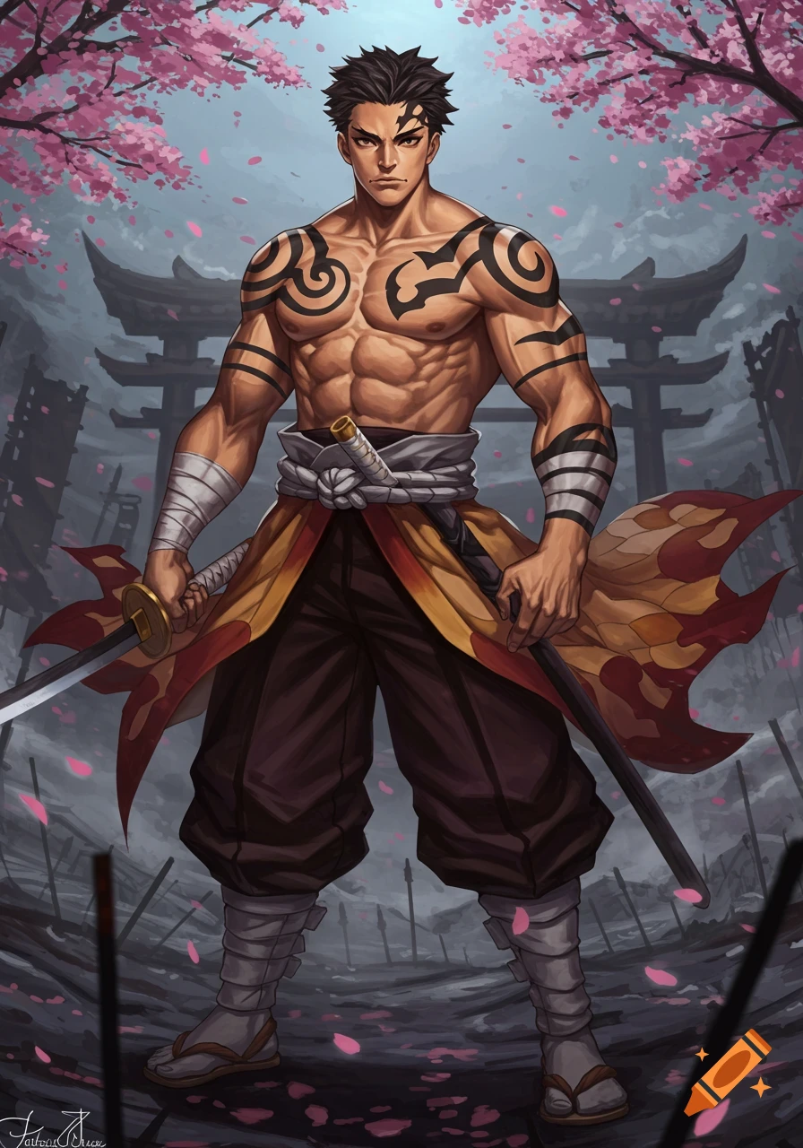 A muscular man with tribal tattoos, holding a katana, stands confidently under pink cherry blossoms with a torii gate in the background. Anime style.