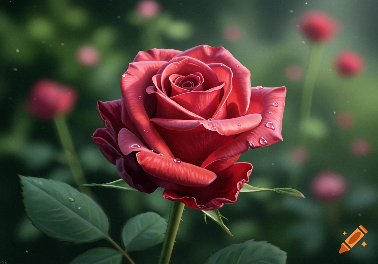 A vibrant red rose with dew drops on its petals, set against a soft, blurry green garden background.