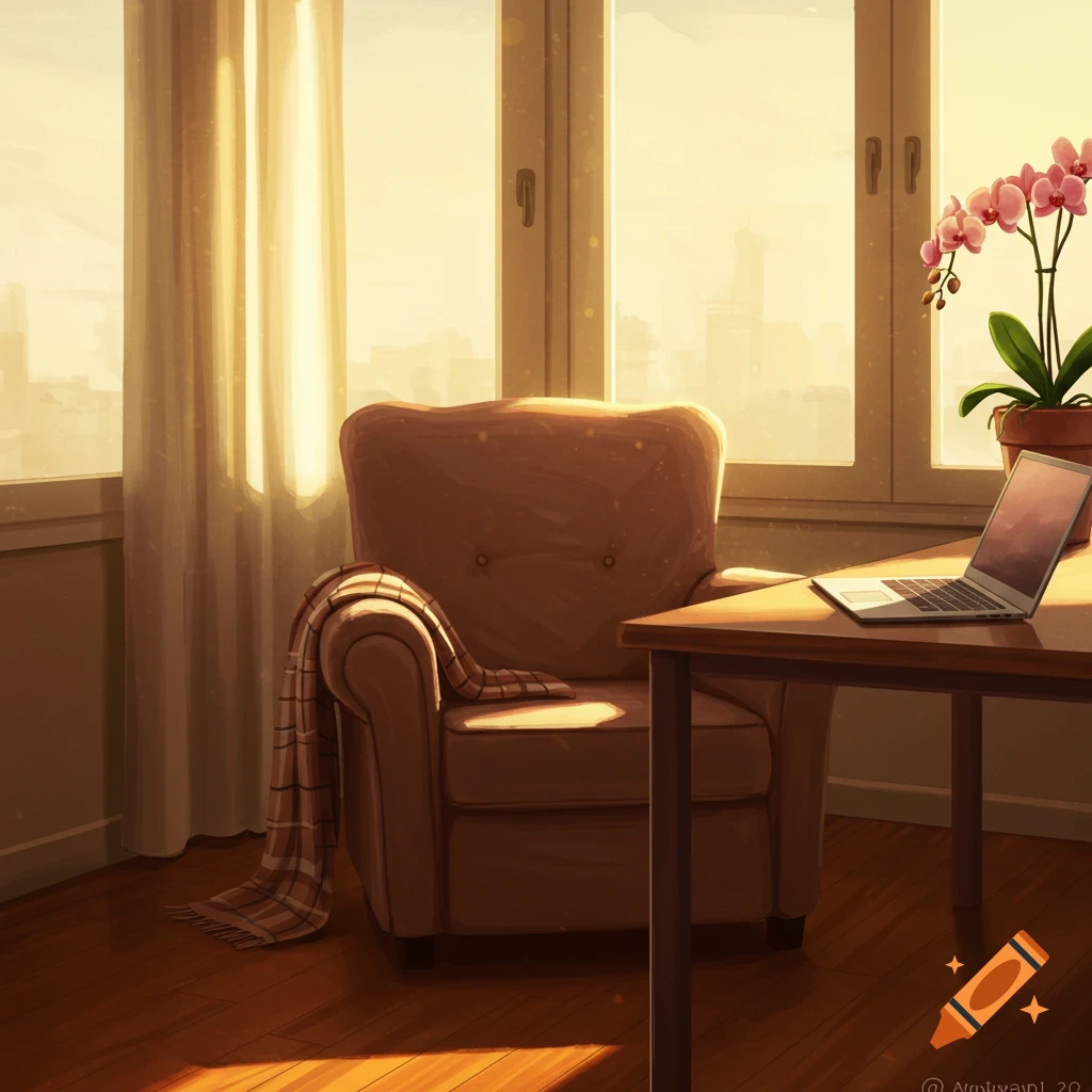 Digital art of a sunlit cozy room with an armchair, a desk with a laptop, and an orchid plant by a window.