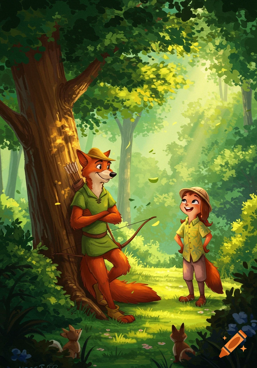 A cartoon anthropomorphic fox dressed as Robin Hood stands under a tree, talking to a fox-like girl in a sunny forest.