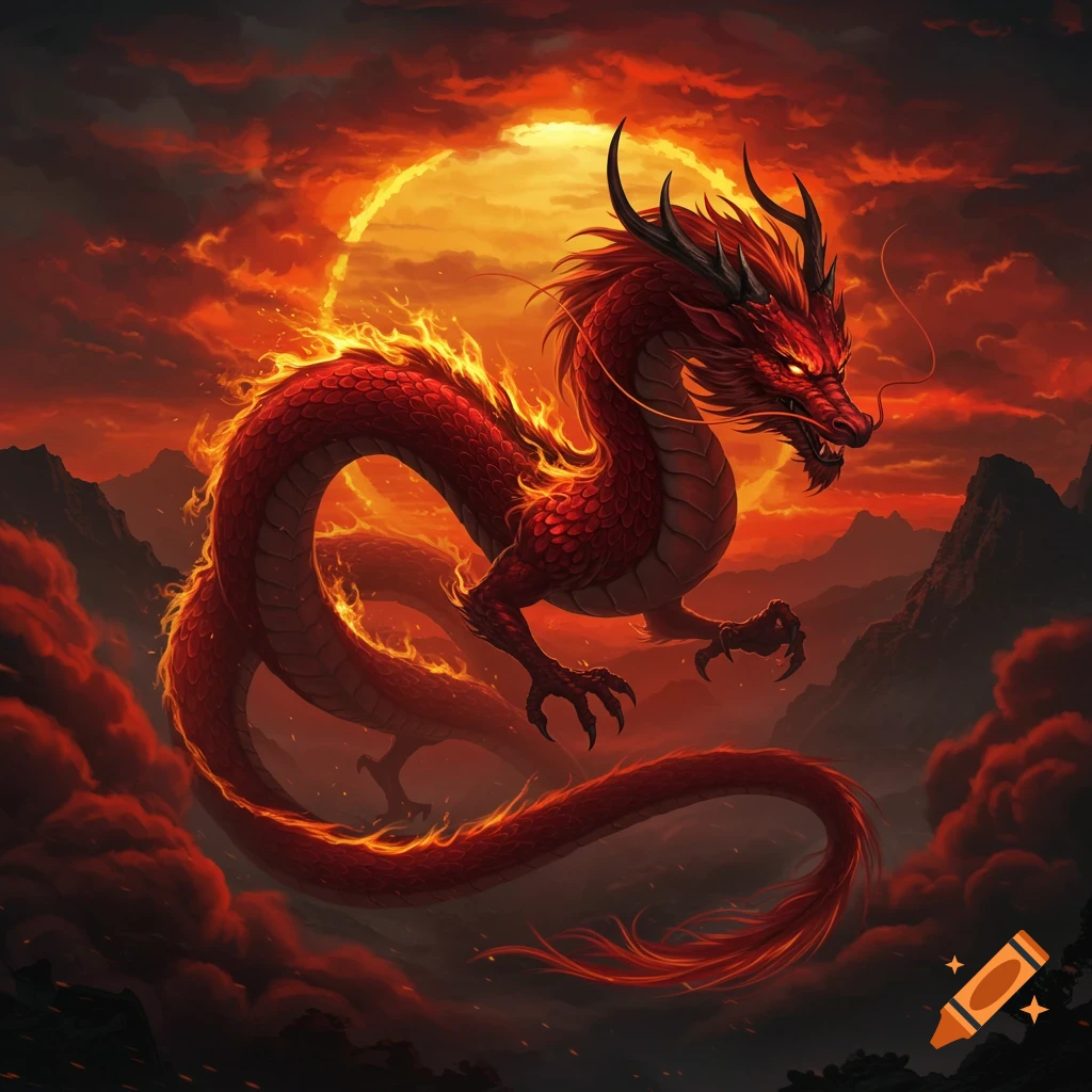 A majestic red Asian dragon wreathed in fire and smoke, flying against a fiery orange sky over a mountainous landscape.