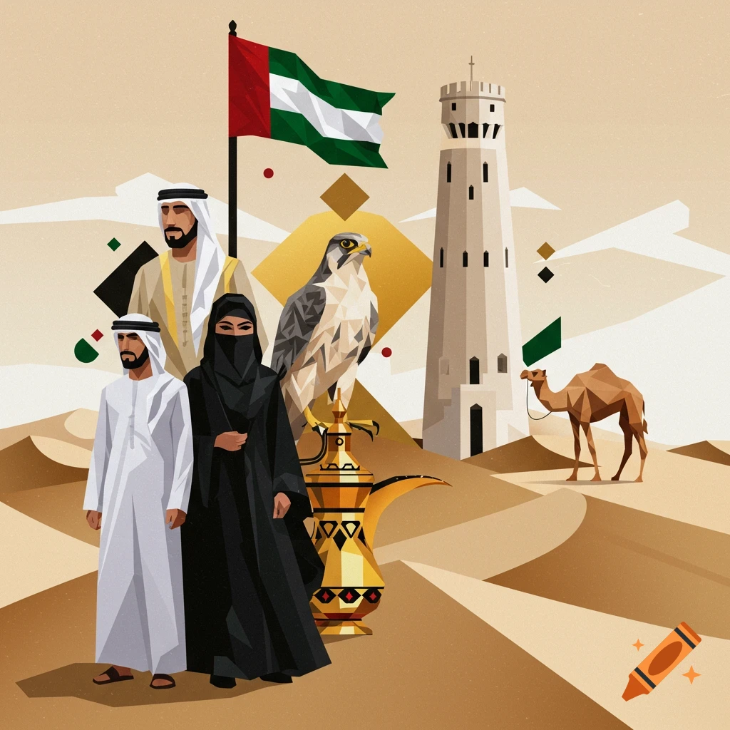 Geometric illustration of an Emirati family, falcon, wind tower, camel, and coffee pot in a desert landscape.