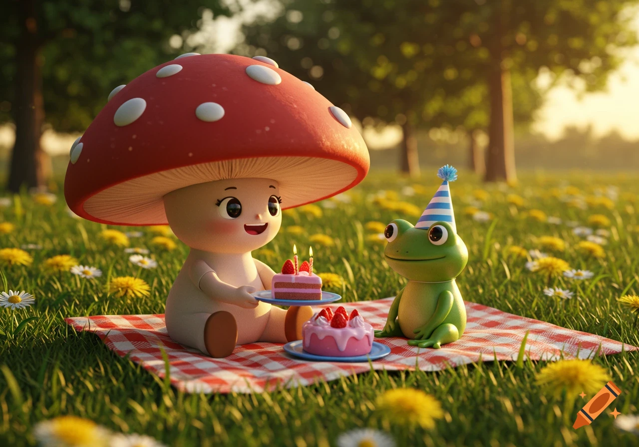 A cute mushroom girl offers birthday cake to a frog in a party hat on a picnic blanket in a sunny meadow, 3D animation.
