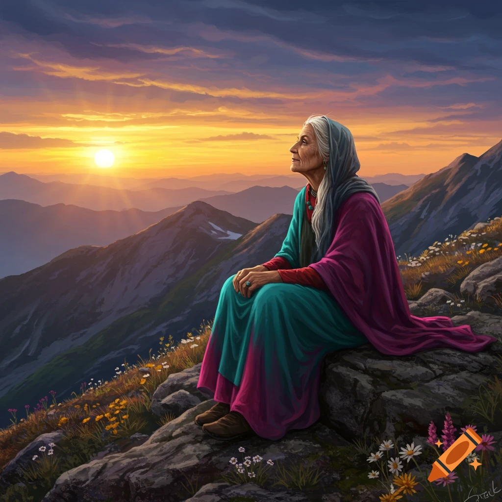 A wise-looking older woman sits on a rocky mountain peak, gazing at a vibrant sunset over distant mountains in a digital painting.