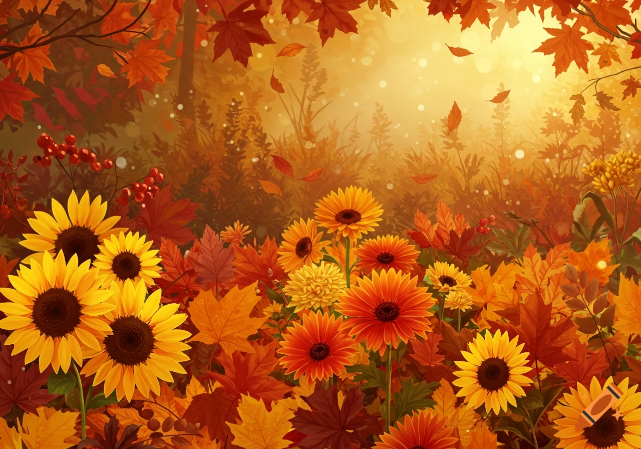 A vibrant digital painting of an autumn landscape filled with yellow sunflowers, red berries, and colorful fall leaves under a warm glow.