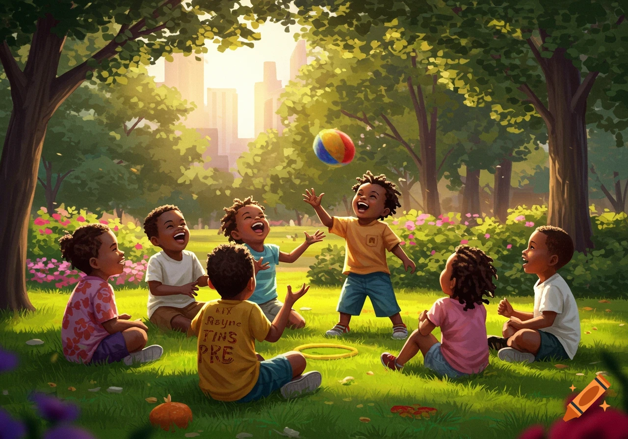Illustrated scene of joyful Black children playing with a colorful ball in a sunny park with city buildings in the background.