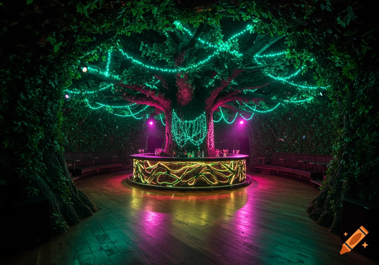 A magical nightclub bar nestled within a giant tree, illuminated by vibrant green and pink neon lights, reflecting on the wooden floor.