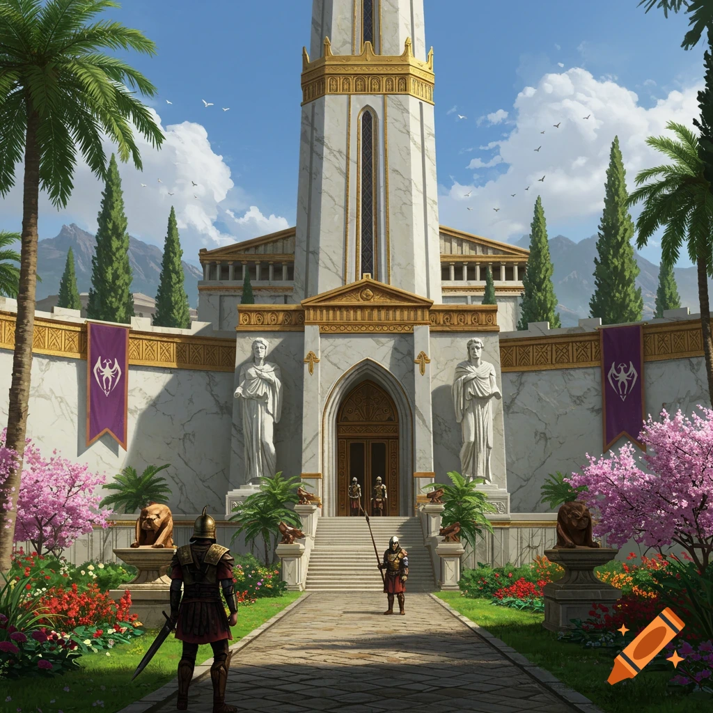A majestic white marble academy with a tall tower, guarded by Roman legionaries, surrounded by lush gardens, palm trees, and cherry blossoms under a blue sky. Digital painting.