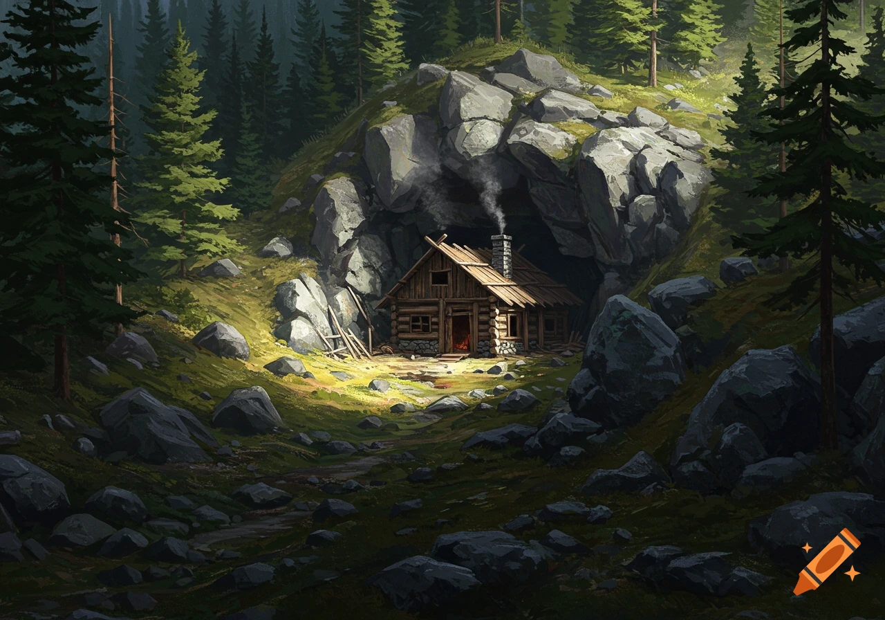 A rustic wooden cabin nestled in a rocky cave on a forested hillside, smoke rising from the chimney, in a fantasy illustration style.