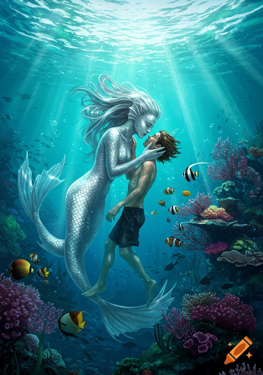 A silver-haired mermaid gazes at a man underwater, surrounded by colorful coral and tropical fish.