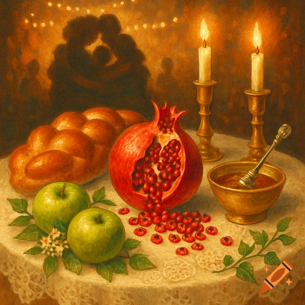 A warm, painterly still life of challah, a sliced pomegranate, apples, honey, and lit candles on a table, with blurry figures celebrating in the background.