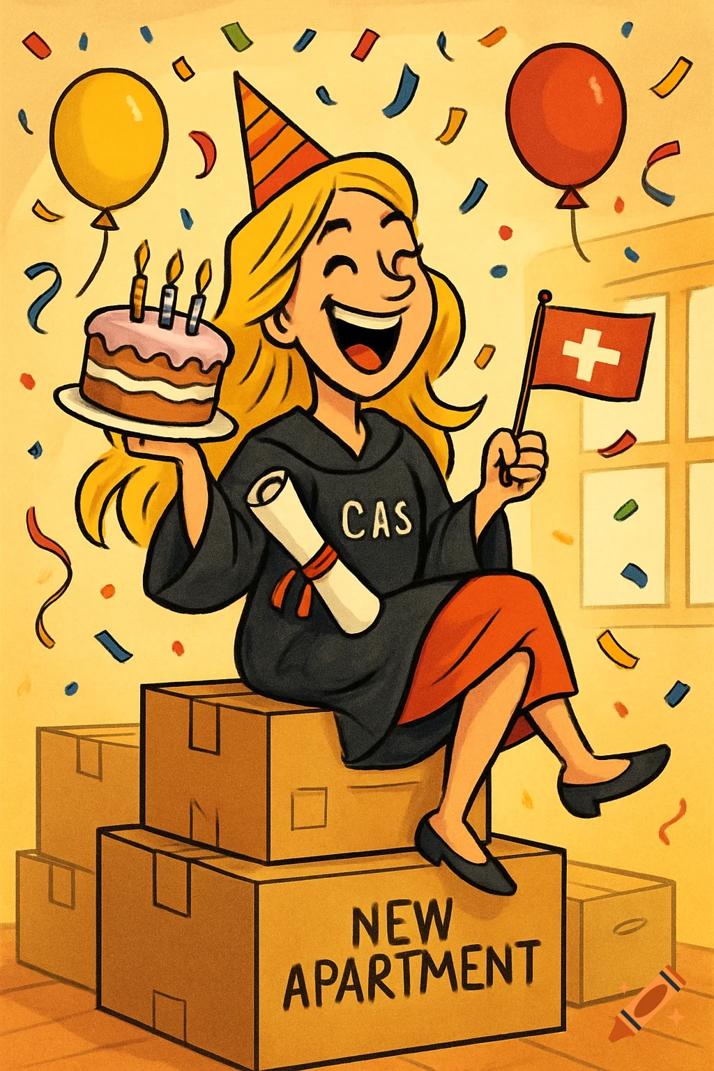 Happy cartoon woman in party hat and graduation gown, holding cake, diploma, Swiss flag, sitting on moving boxes with confetti.