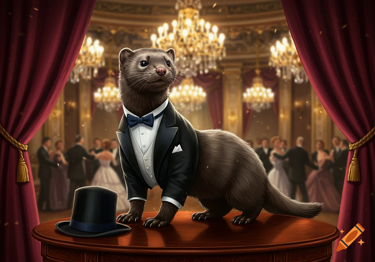 An anthropomorphic American mink in a black tuxedo and blue bowtie stands on a table next to a top hat in a grand ballroom.