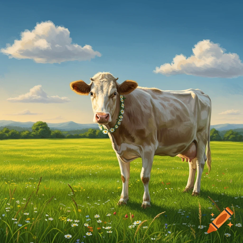 A white cow wearing a daisy wreath stands in a vibrant green field filled with flowers under a blue sky with white clouds.