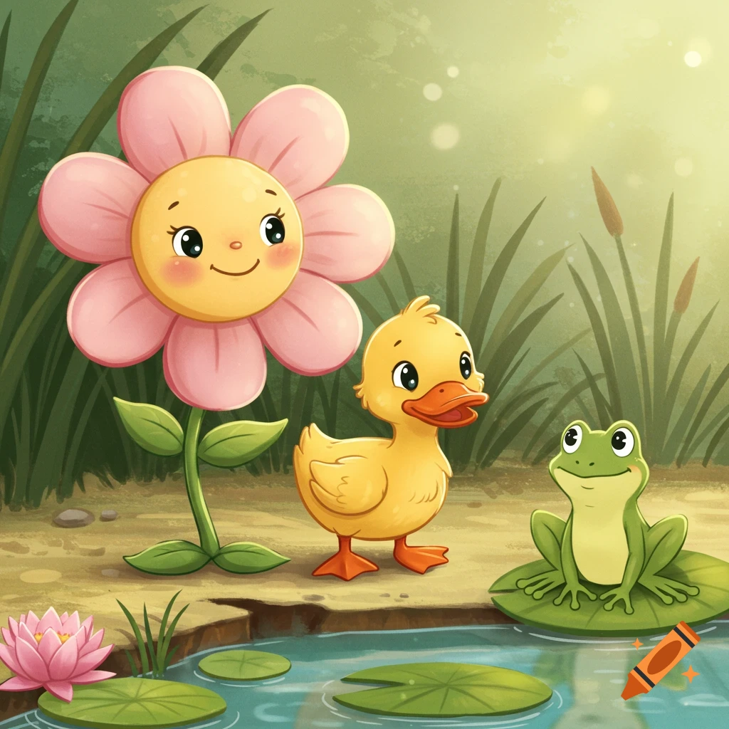 Cartoon illustration of a smiling pink flower, a yellow duckling, and a green frog on a lily pad by a pond with reeds.