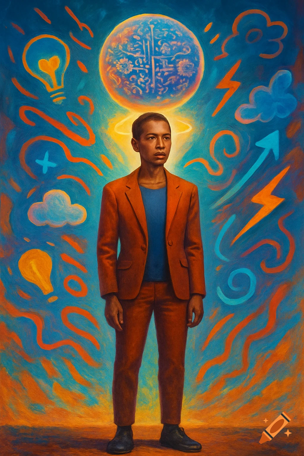 Digital art portrait of a person in a rust suit against a vibrant blue and orange background with symbolic lightbulbs and lightning.