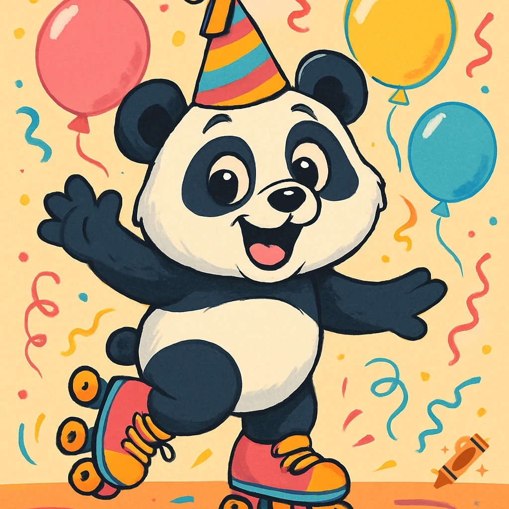 A happy cartoon panda bear in a colorful party hat and roller skates, surrounded by balloons and confetti.