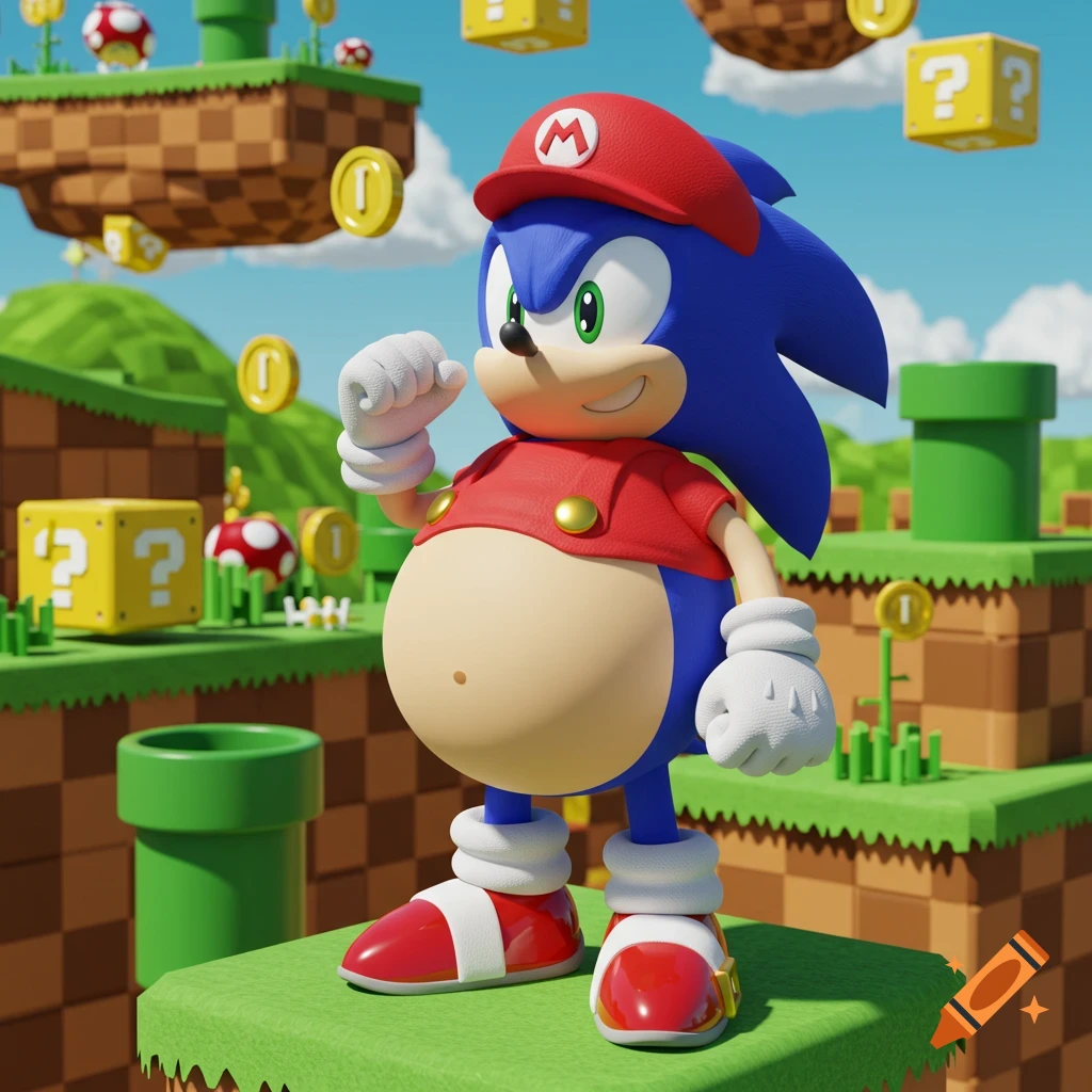 3D render of Sonic the Hedgehog dressed as Mario, with a large belly, standing in a Super Mario Bros. themed level.