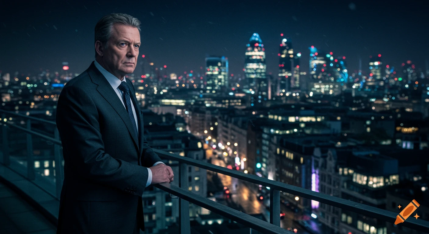 A stern man in a suit stands on a balcony overlooking a neon-lit London cityscape at night, photorealistic.