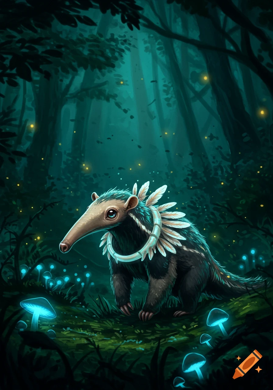 Whimsical digital art of an anteater with a feather collar in a dark, enchanted forest with glowing blue mushrooms and fireflies.
