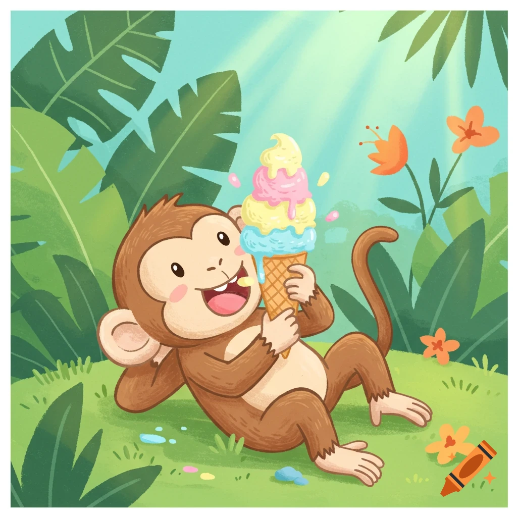 A happy cartoon monkey lies in a jungle eating a tall, colorful ice cream cone.