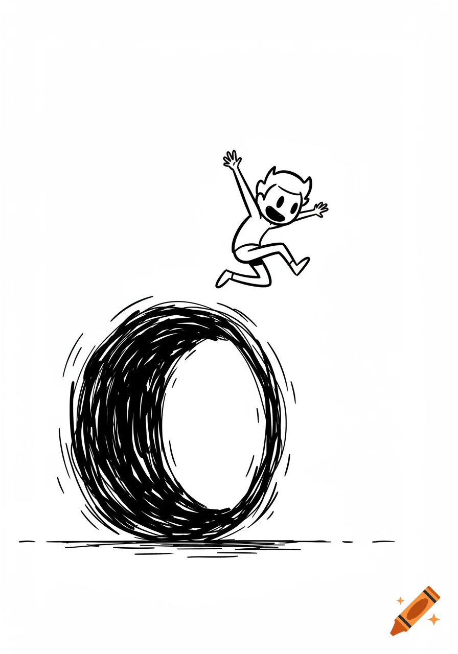 A black and white cartoon character jumps over a scribbled, circular portal.