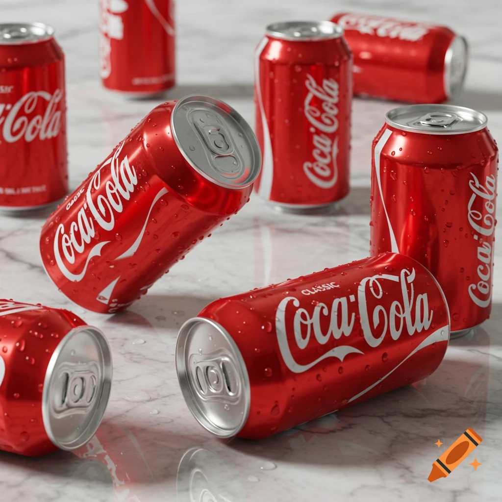 Photorealistic image of multiple wet red Coca-Cola cans scattered on a white marble surface.