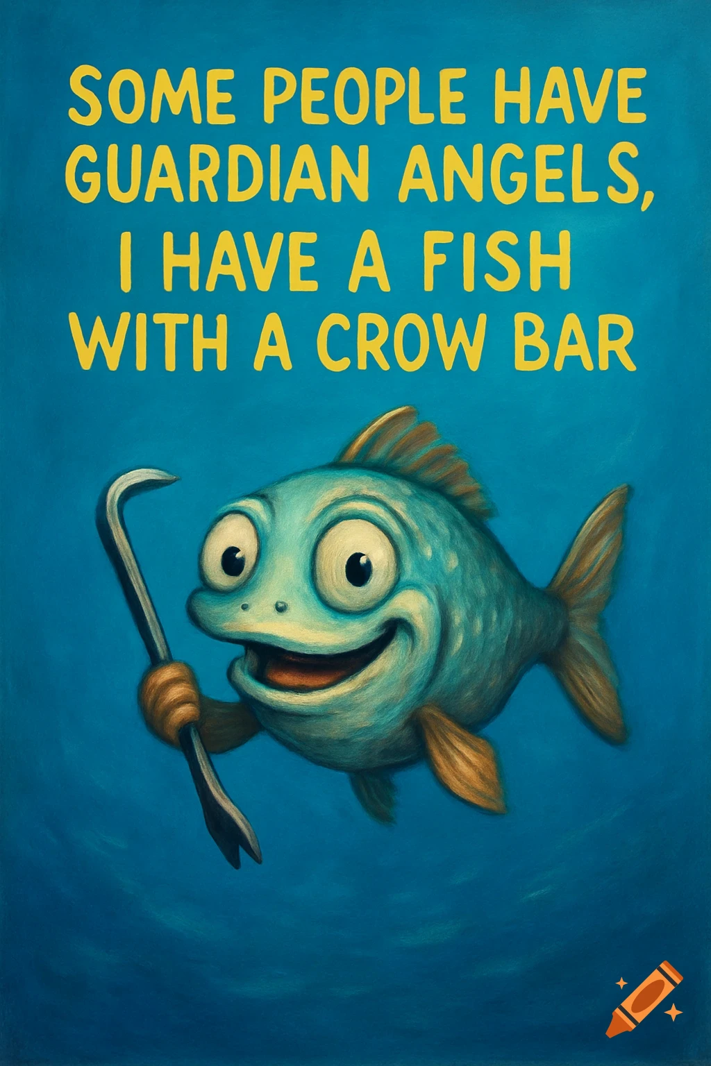 A cartoon fish with big eyes smiling, holding a crowbar, with the text 'SOME PEOPLE HAVE GUARDIAN ANGELS, I HAVE A FISH WITH A CROW BAR' above it.