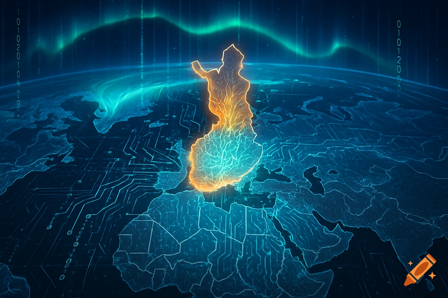 An illuminated map of Finland over a digital Earth with circuit board patterns and a green aurora borealis.