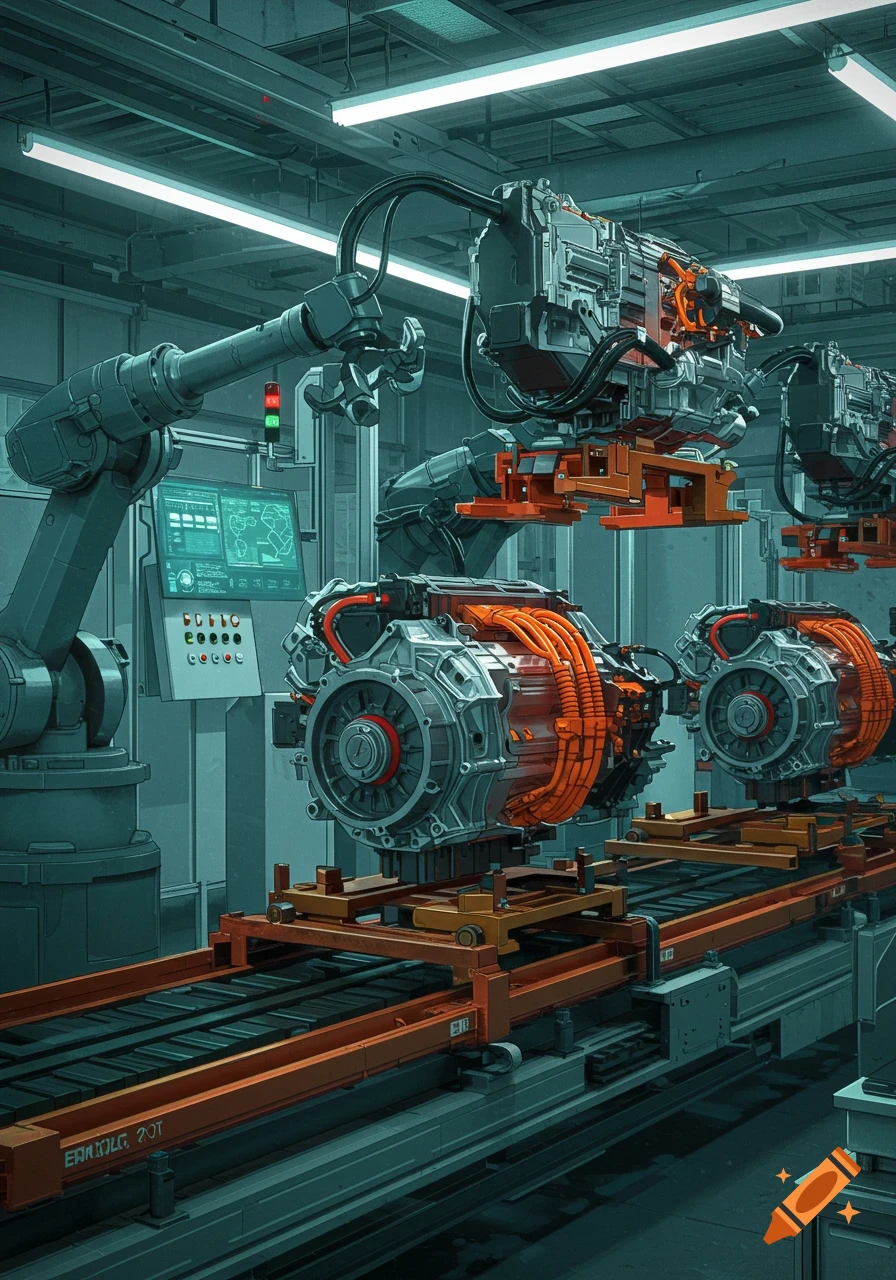 An automated factory scene with robotic arms assembling electric motors on a conveyor belt, bathed in teal and orange light.