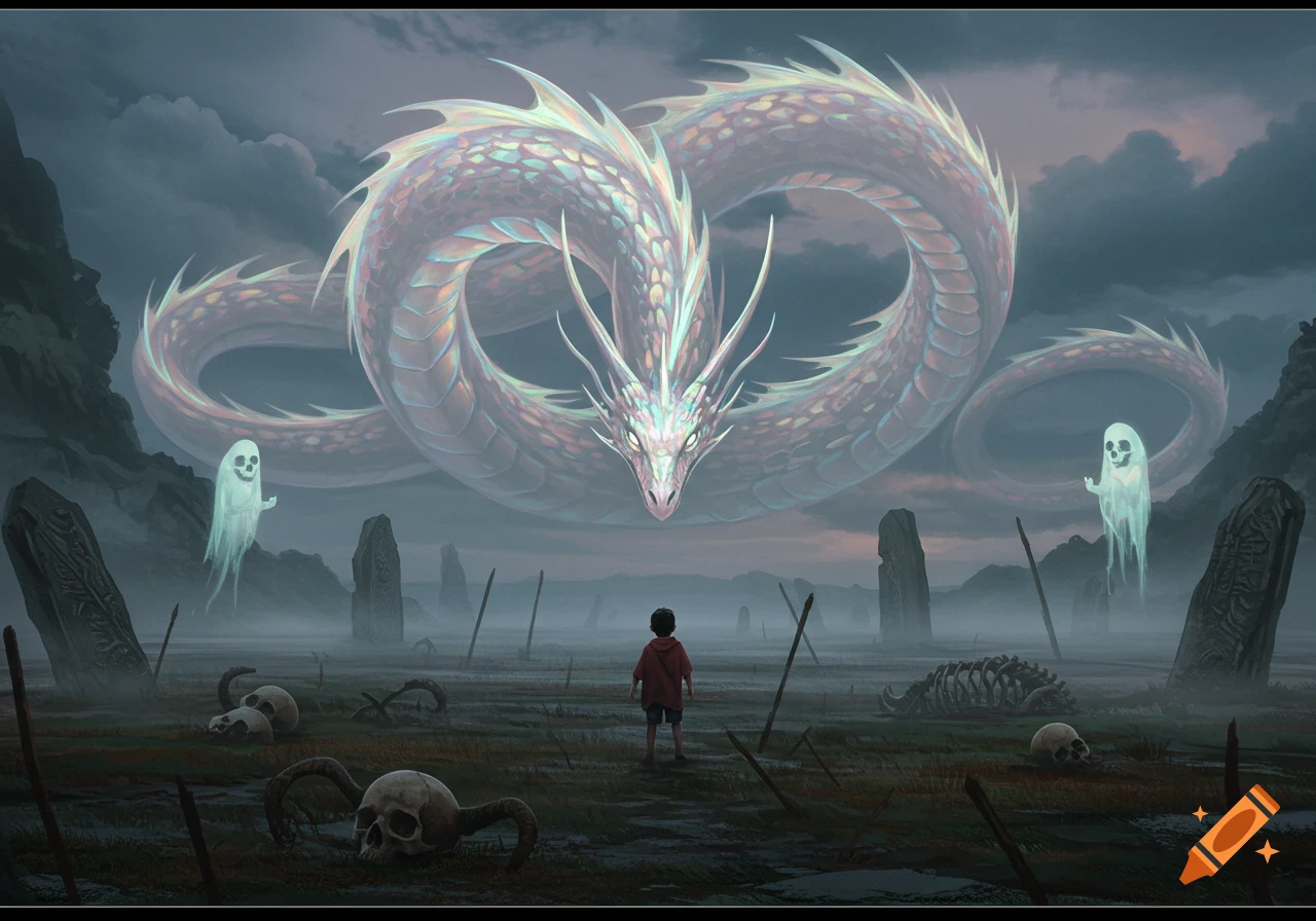 A small boy faces a giant iridescent dragon in a gloomy, misty landscape with skulls and two cartoon ghosts.