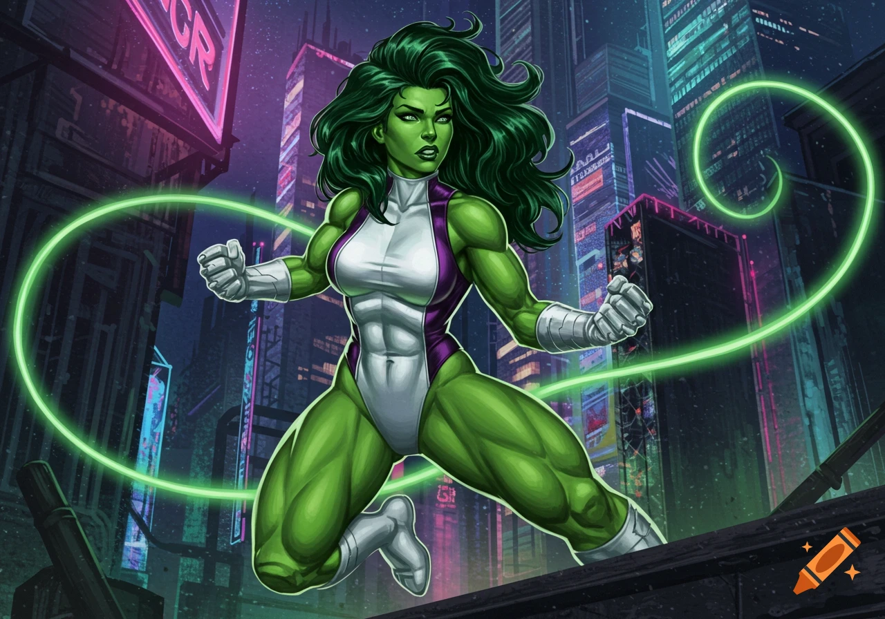 She-Hulk in a white and purple suit with green skin and hair, striking a dynamic pose in a neon-lit city at night, comic book art style.