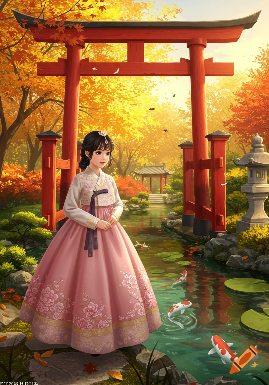A young girl in a pink and white floral hanbok stands in an autumn garden with a red torii gate, a pond with koi fish, and a distant pavilion, in a digital art style.