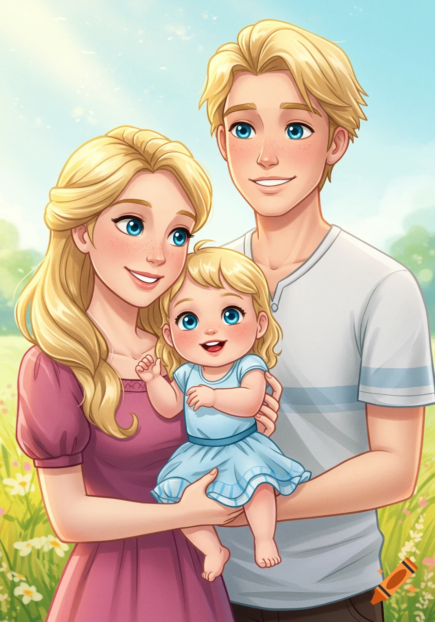 A happy blonde cartoon family, mother and father holding their baby, smiling in a sunny field with flowers. Disney-style illustration.