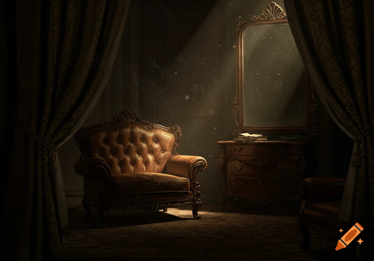 A dimly lit vintage room features a brown leather armchair, an ornate wooden dresser with books, and a large framed mirror, with dust motes catching a ray of light.