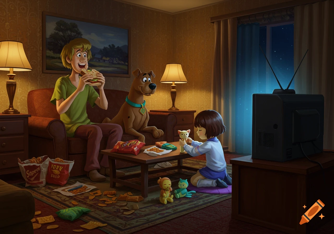 Shaggy eats a sandwich on a couch with Scooby-Doo nearby, while Frisk plays with toys on the floor at night in a living room.