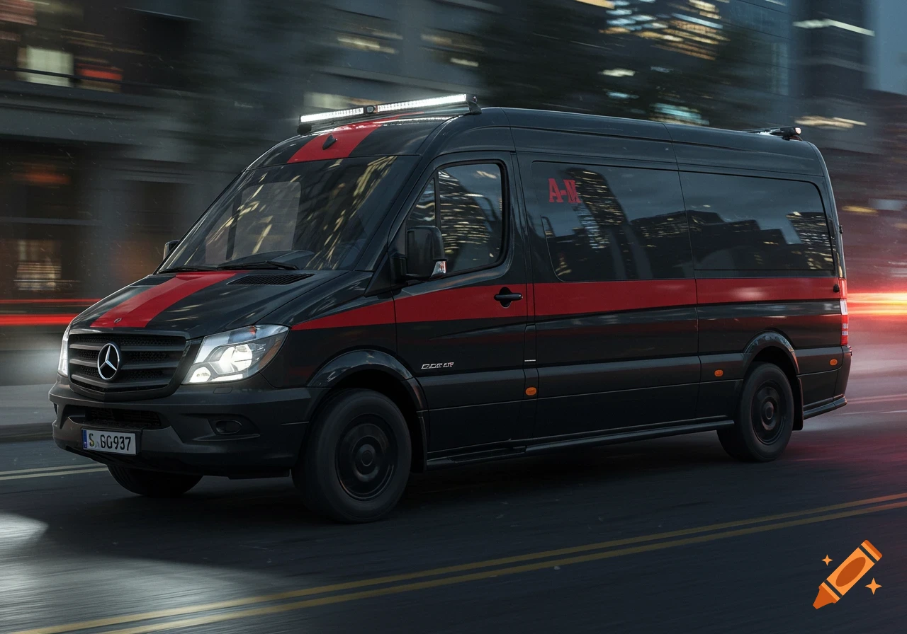 Photorealistic black Mercedes-Benz Sprinter van with red stripes and a roof light bar, driving on a city street at dusk.