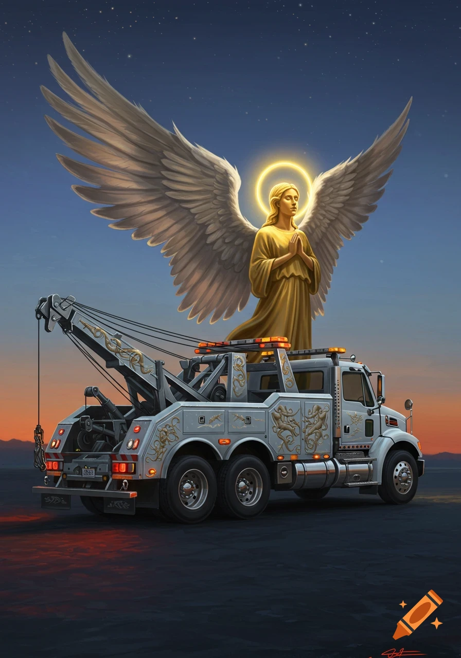 A golden guardian angel with large white wings and a halo stands atop a detailed gray tow truck under a starry sky at dusk.