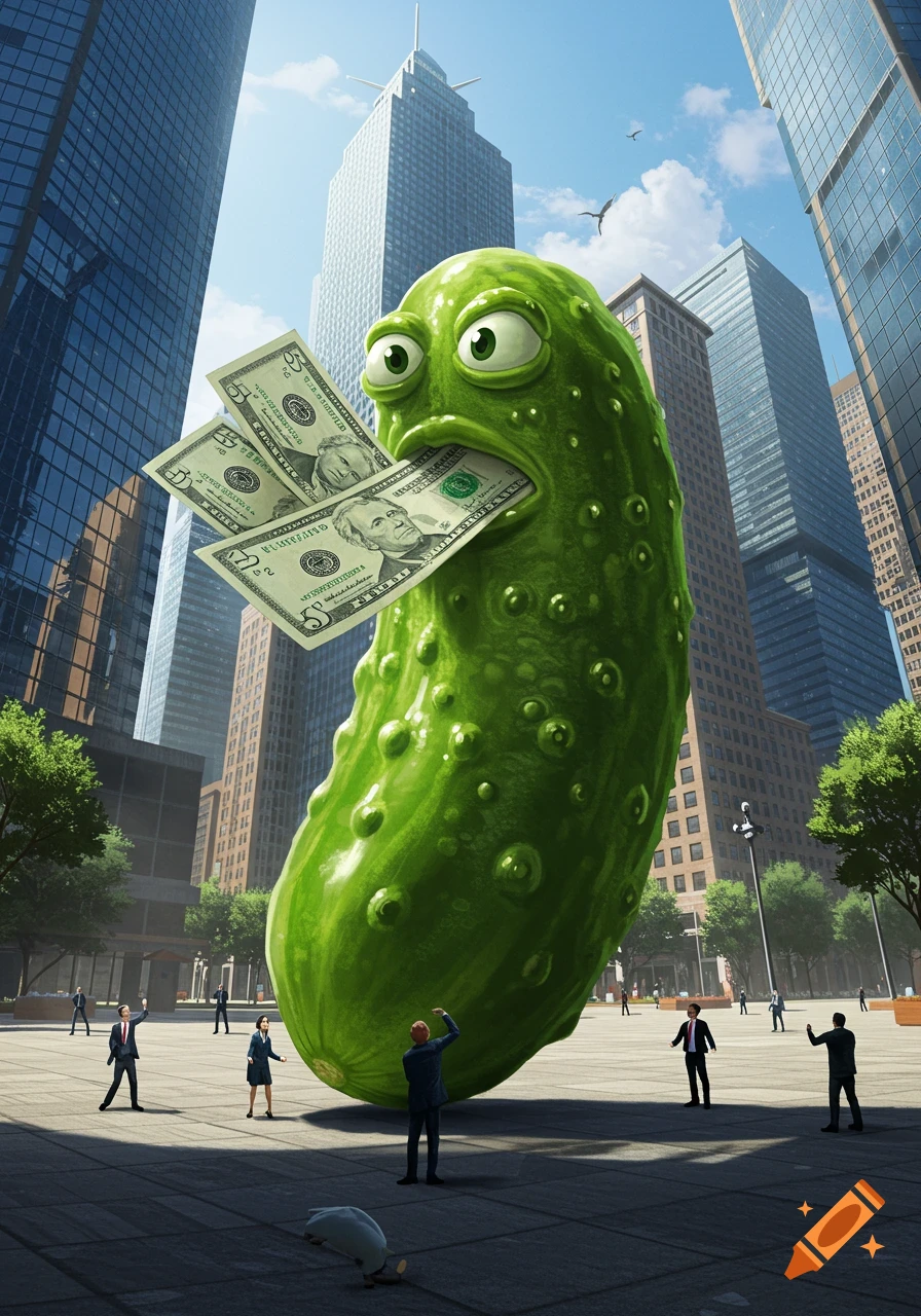 A giant cartoon pickle with wide eyes stands in a city square, holding three dollar bills in its mouth as small people look on.