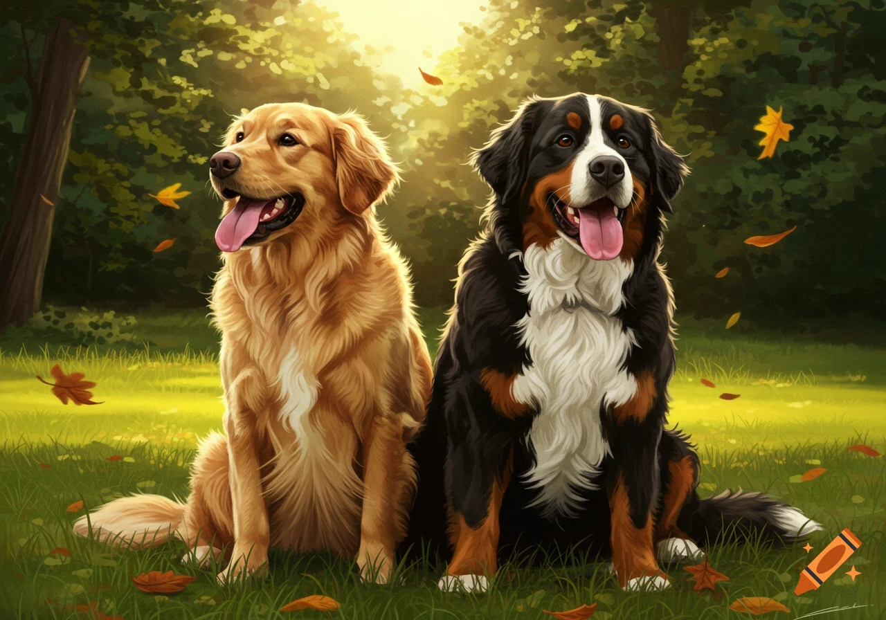Two happy dogs, a Golden Retriever and a Bernese Mountain Dog, sit in a sunny grassy park with falling autumn leaves, in a digital painting style.